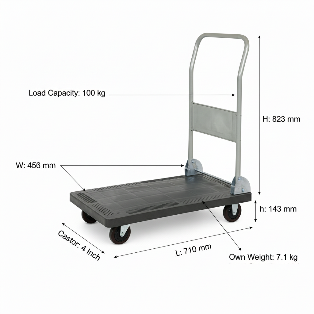 Technical dimensions and size chart for PH152 platform cart