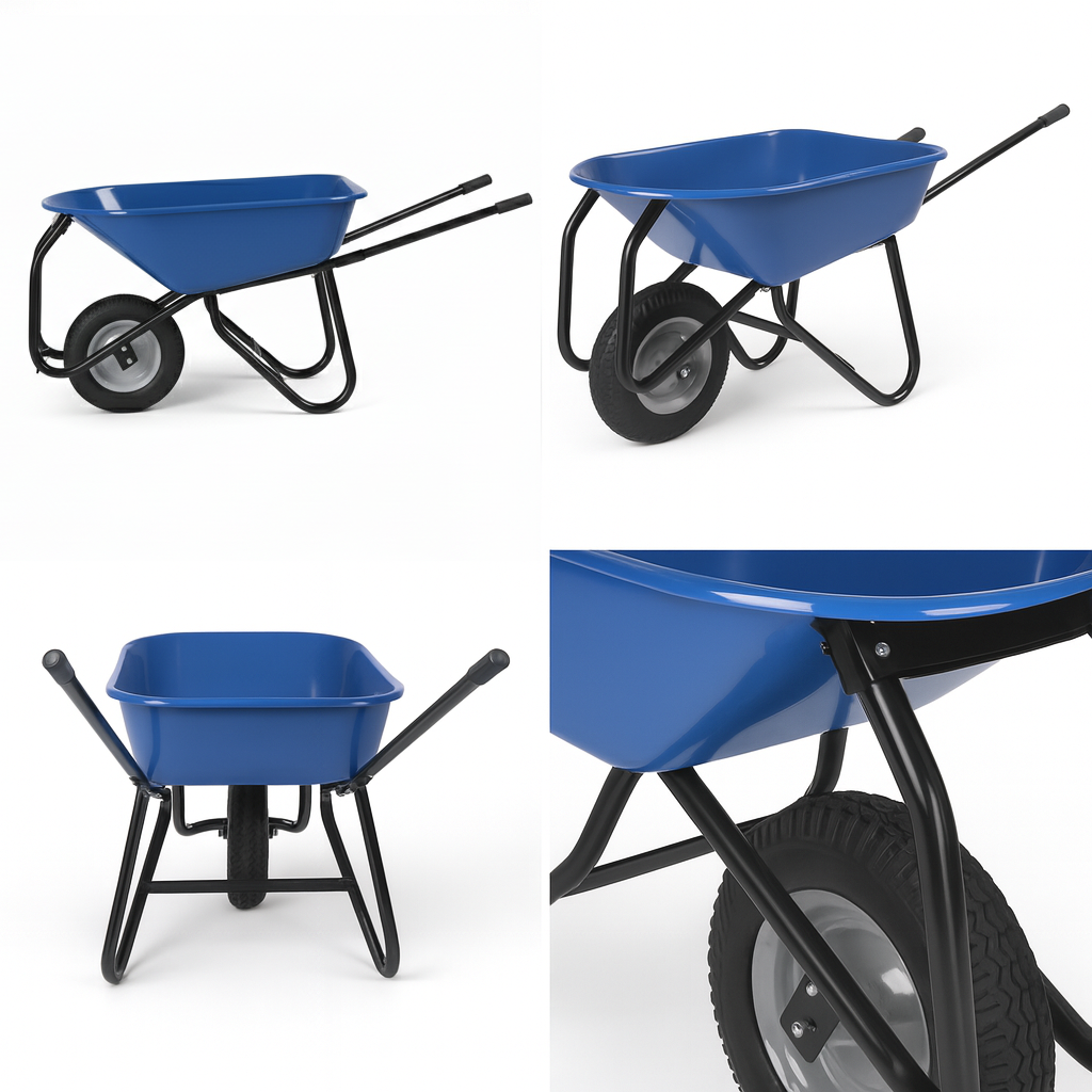 Close-up detail of reinforced Reinforced steel tray with tubular steel frame on Industrial-Grade 100L Steel Wheelbarrow - WB8600