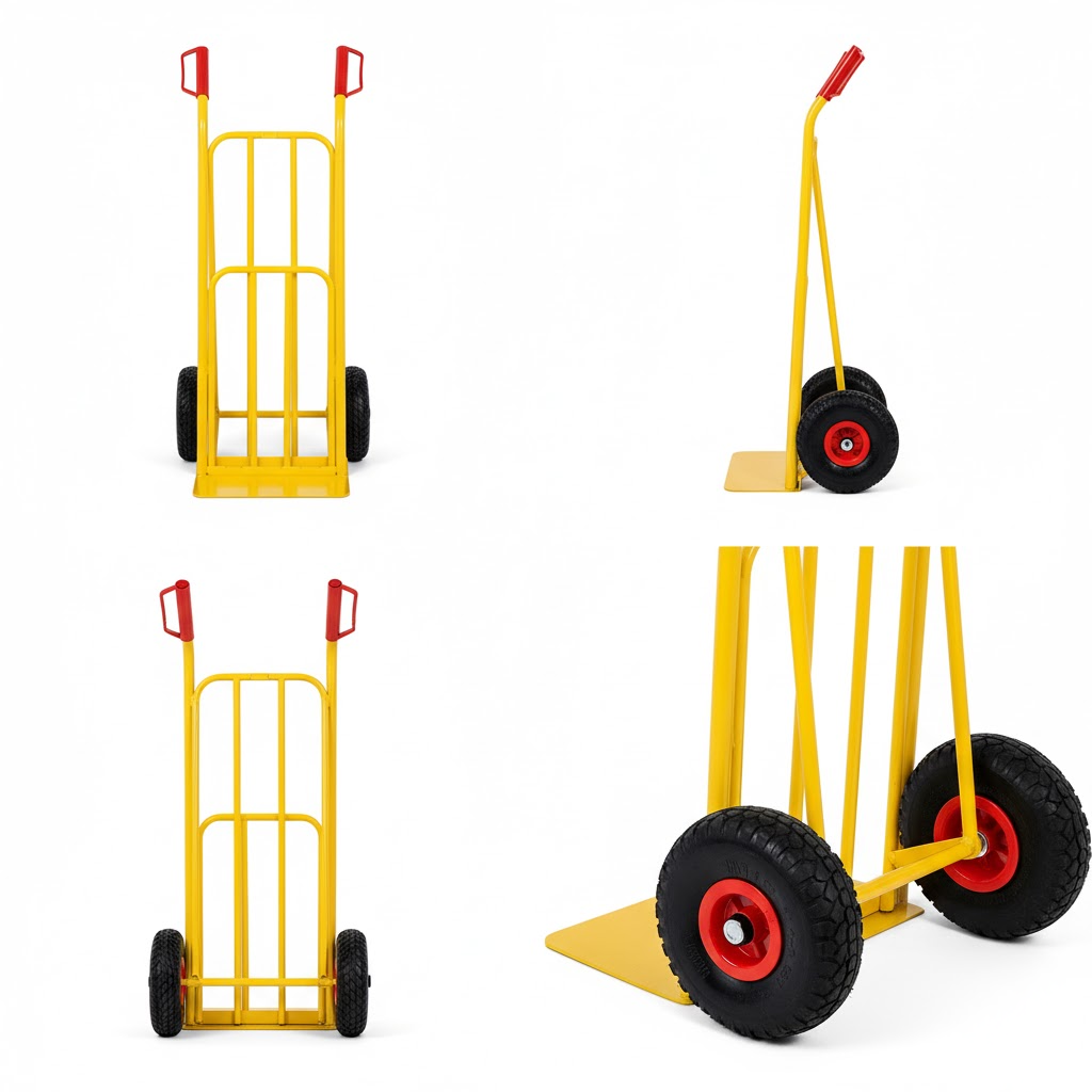 Close-up detail of reinforced Steel frame and pneumatic wheel on Industrial-Grade Hand Truck