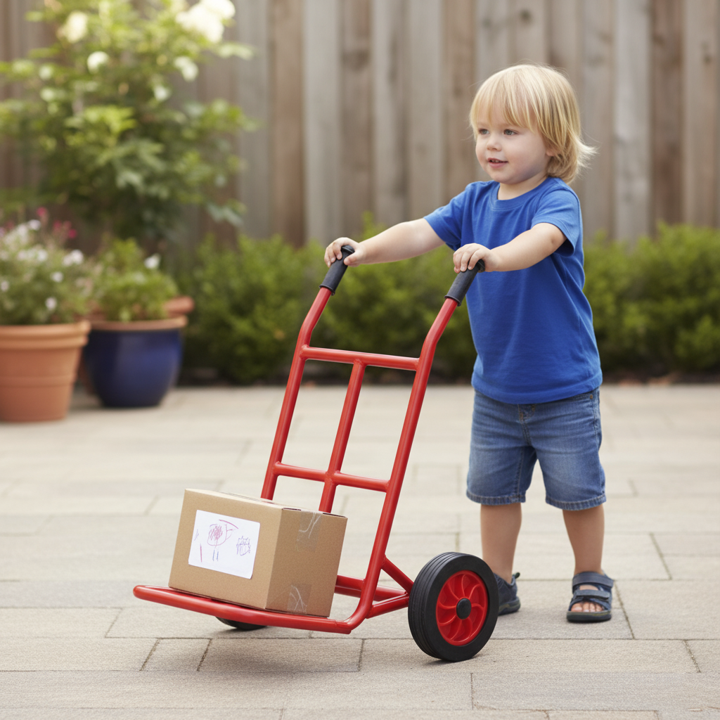 Kids Metal Wheelbarrow being used for Lawn Care